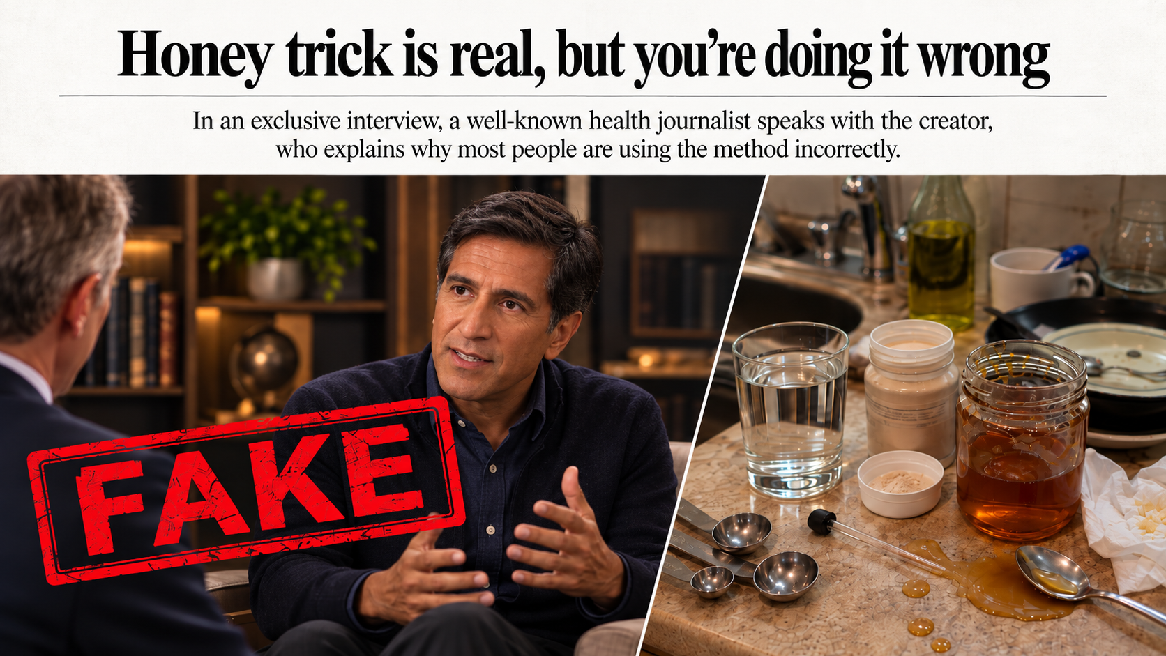 Entrevista viral marcada como FAKE, ao lado da preparacao caseira da receita